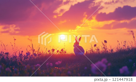 Easter rabbit on hill with vibrant sky, warm and serene evening glow. Easter 121447918