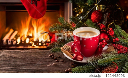 A red coffee cup rests on a wooden table decorated for the holidays by a flickering fire 121448098