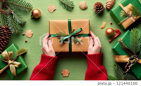 Hands carefully wrap gifts with festive decorations and green foliage during the Christmas holiday 121448100