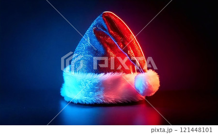 Glowing Christmas hat illuminated by neon lights creates a festive and colorful holiday ambiance 121448101