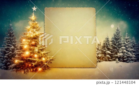 A vintage inspired holiday card showcases a beautifully lit Christmas tree against a snowy forest 121448104