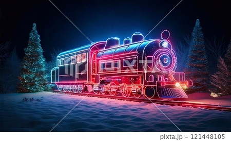 A neon train glows among winter trees and snow, creating a magical holiday scene 121448105