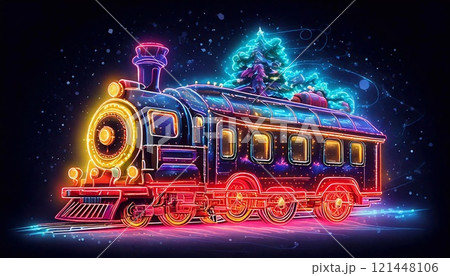 A brightly lit neon train decorated for Christmas, featuring a tree and gifts, in a dark setting 121448106