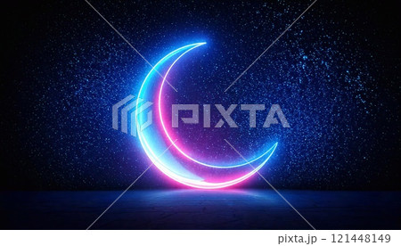 A neon crescent moon glows blue and pink in a dark, starry backdrop, creating magic 121448149