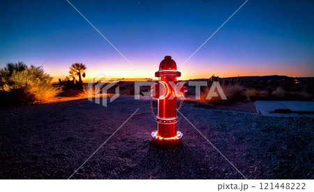 A neon fire hydrant glows as the sun sets over the desert, creating a striking scene A neon fire hydrant glows as the sun sets over the desert, creating a striking scene 121448222