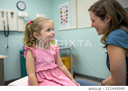 doctor examining little girl in hospital 121448940