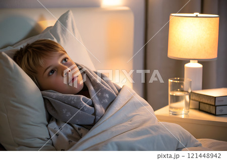 sick child lying on bed 121448942
