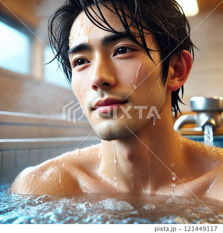 熱めのお風呂に浸かり汗が吹き出してきた男性のイラスト素材 [121449117] - PIXTA