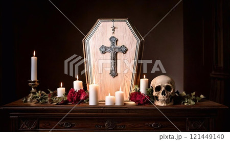 A memorial altar shows a coffin with a cross, skull, and candles, evoking reverence 121449140