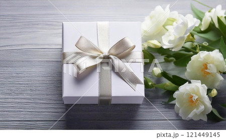 Delicate white flowers accompany a beautifully wrapped gift designed for Mothers Day celebration 121449145