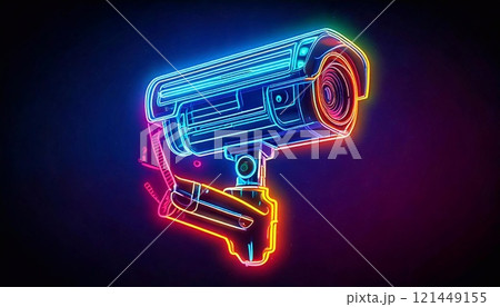 Neon art features a glowing surveillance camera, highlighting the essence of security tech 121449155