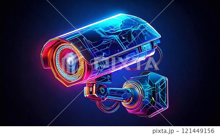 This neon surveillance camera boasts a sleek design with high tech features and vibrant colors 121449156