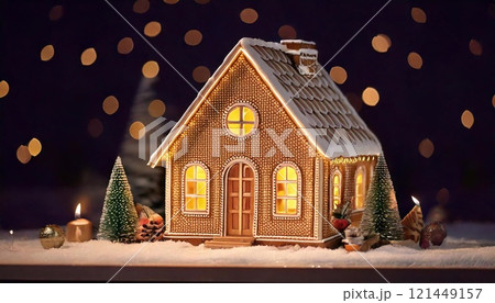 A cozy gingerbread house lit warmly and adorned with festive decorations 121449157