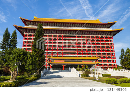Low angle view of the Grand Hotel Taipei on a sunny day in Taiwan. This is a Magnificent Chinese-style palace building. 121449503