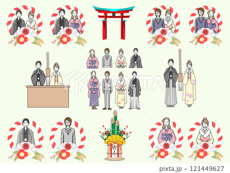 初詣、成人式に正装する若い男女 初詣、成人式に正装する若い男女 121449627