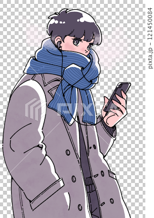 Illustration of a boy wearing earphones and holding a smartphone in winter Illustration of a boy wearing earphones and holding a smartphone in winter 121450084