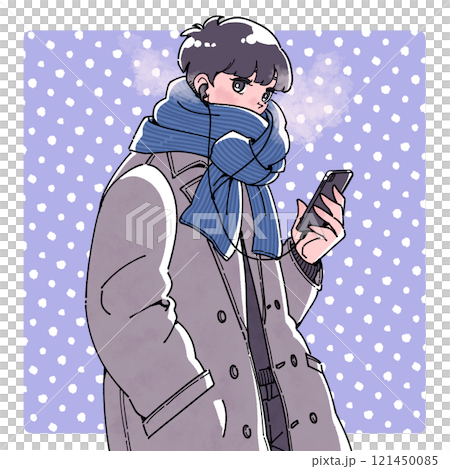 Illustration of a boy wearing earphones and holding a smartphone in winter Illustration of a boy wearing earphones and holding a smartphone in winter 121450085