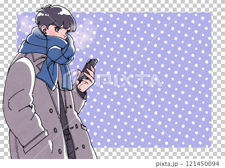冬天戴著耳機、拿著智慧型手機的男孩的插圖 冬天戴著耳機、拿著智慧型手機的男孩的插圖 121450094
