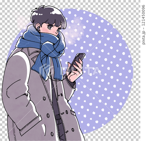 冬天戴著耳機、拿著智慧型手機的男孩的插圖 121450096