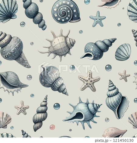 Seamless pattern with watercolor Tropical beach sea shells, mollusks, starfish. 121450130
