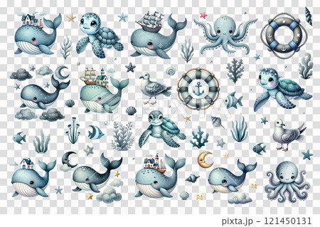 Big watercolor set with cute sea character elements, whale, animals, shells, corals, seaweed. 121450131