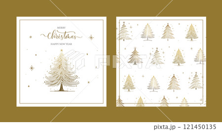 Minimalistic merry Christmas template card and seamless pattern with golden Christmas tree. 121450135