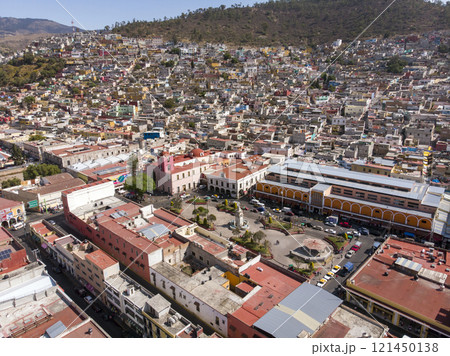 Pachuca de Soto, Aerial view of the Plaza de la Constitucion with colorful houses in the center of Pachuca, Hidalgo Pachuca de Soto, Aerial view of the Plaza de la Constitucion with colorful houses in the center of Pachuca, Hidalgo 121450138