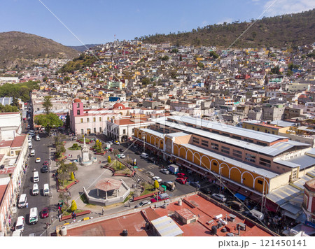 Pachuca de Soto, Aerial view of the Plaza de la Constitucion with colorful houses in the center of Pachuca, Hidalgo Pachuca de Soto, Aerial view of the Plaza de la Constitucion with colorful houses in the center of Pachuca, Hidalgo 121450141