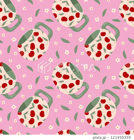 Seamless pattern with cherry decorated mug, green leaves and white flowers on a pink background in flat style. Ideal for fabric design, wrapping paper and home decor. 121450359