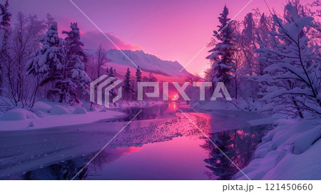 Snow covered trees line a tranquil river as vibrant sunset hues paint the winter sky in Alaska 121450660