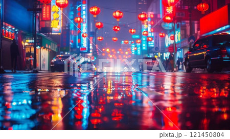 Neon signs and lanterns reflect on wet pavement, creating a lively atmosphere in the street 121450804