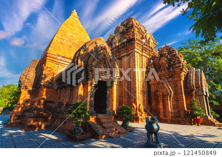 Po Nagar Cham Towers in Nha Trang in Vietnam. Famous tourist landmark with heritage ancient ruins of Cham temple Po Nagar Cham Towers in Nha Trang in Vietnam. Famous tourist landmark with heritage ancient ruins of Cham temple 121450849