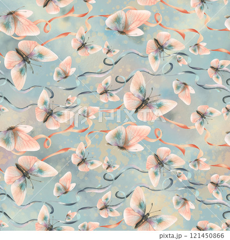 Writhing satin ribbons with flying butterflies in trendy pastel colors peach fuzz and turquoise in a vintage style. Hand drawn watercolor illustration. Seamless pattern on a white background 121450866