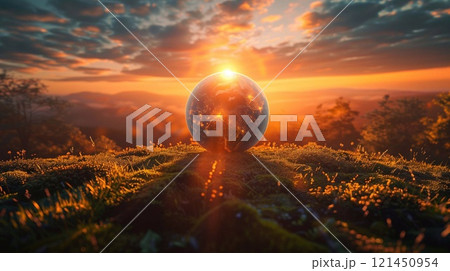 A vibrant globe sits on a lush landscape as the sunset casts golden light and reflections 121450954
