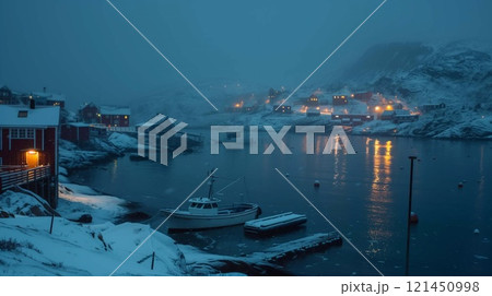 Quaint houses illuminated at night reflect on icy waters in a serene Greenland landscape Quaint houses illuminated at night reflect on icy waters in a serene Greenland landscape 121450998