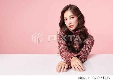 Beautiful young asian woman with clean fresh skin on pink background, Face care, Facial treatment, Cosmetology, beauty and spa, Asian women portrait. 121451015