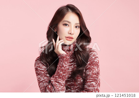 Beautiful young asian woman with clean fresh skin on pink background, Face care, Facial treatment, Cosmetology, beauty and spa, Asian women portrait. 121451018