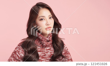 Beautiful young asian woman with clean fresh skin on pink background, Face care, Facial treatment, Cosmetology, beauty and spa, Asian women portrait. 121451026