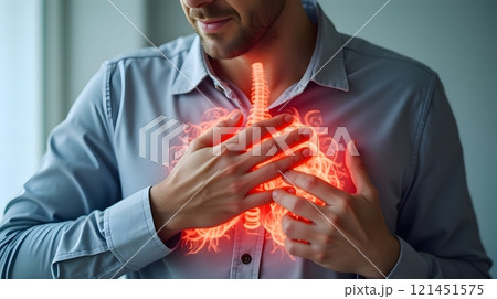 Visual Representation of Chest Pain with Highlighted Heart and Ribcage Glow 121451575