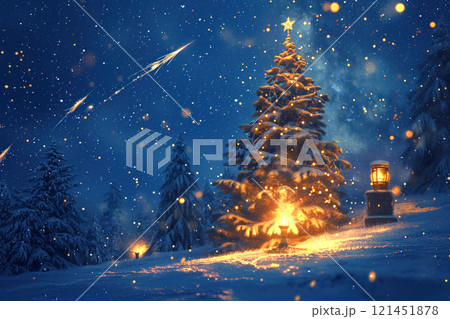 Decorated Christmas tree shines with warm lights in snowy, serene winter scene. 121451878