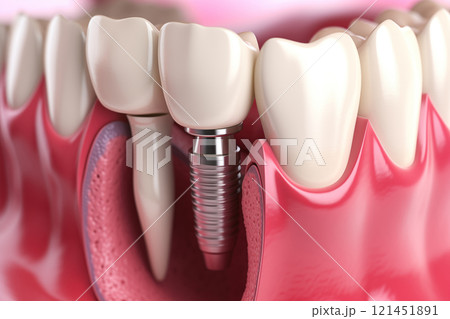 Dental implant situated between natural teeth, illustrating gum bone integration during oral surgery. 121451891