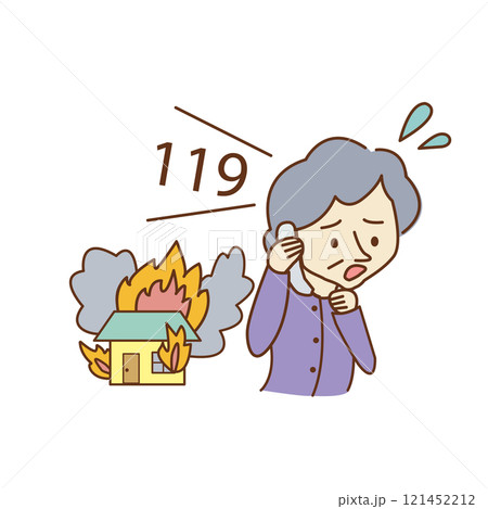 火事 119番通報する高齢女性のイラスト 火事 119番通報する高齢女性のイラスト 121452212