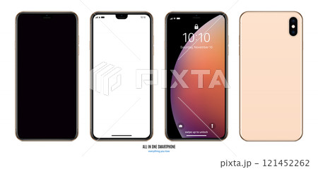 smartphone frameless gold color with black, blank and colored touchscreen saver with backside isolated on white background. realistic and detailed mobile phone mockup. stock vector illustration 121452262