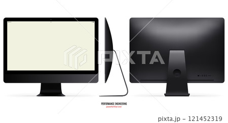 computer monitor mockup in black color with blank screen view front, back and side on white background. stock vector illustration eps10 121452319