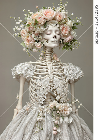 Lady's skeleton in a flower wreath. 121452395