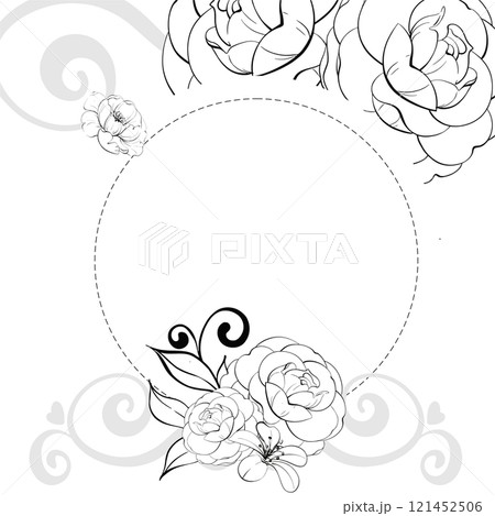 Romantic roses Circle frame, template -beautiful flowers with curl. Retro old fashion, tailoring for postcard, fabric, printing. Graphic vector line, hand drawn, black silhouette 121452506