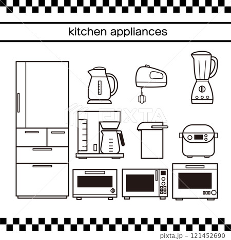 シンプルなキッチンの家電イラストセットモノクロ シンプルなキッチンの家電イラストセットモノクロ 121452690