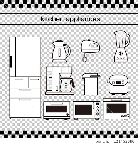 シンプルなキッチンの家電イラストセットモノクロ シンプルなキッチンの家電イラストセットモノクロ 121452690