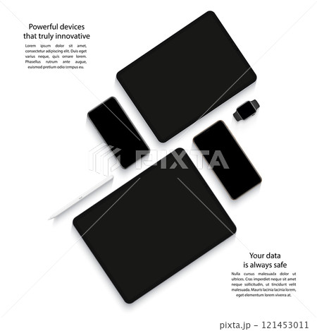 devices mockup: smartphones, tablets and smart watch with black screen isolated on white background. stock vector illustration eps10 devices mockup: smartphones, tablets and smart watch with black screen isolated on white background. stock vector illustration eps10 121453011