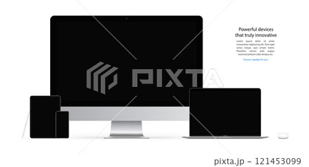 smartphone, tablet, laptop, computer monitor, mouse, and stylus with black screen isolated on white background. detailed and realistic mockup devices and gadgets. stock vector illustration smartphone, tablet, laptop, computer monitor, mouse, and stylus with black screen isolated on white background. detailed and realistic mockup devices and gadgets. stock vector illustration 121453099